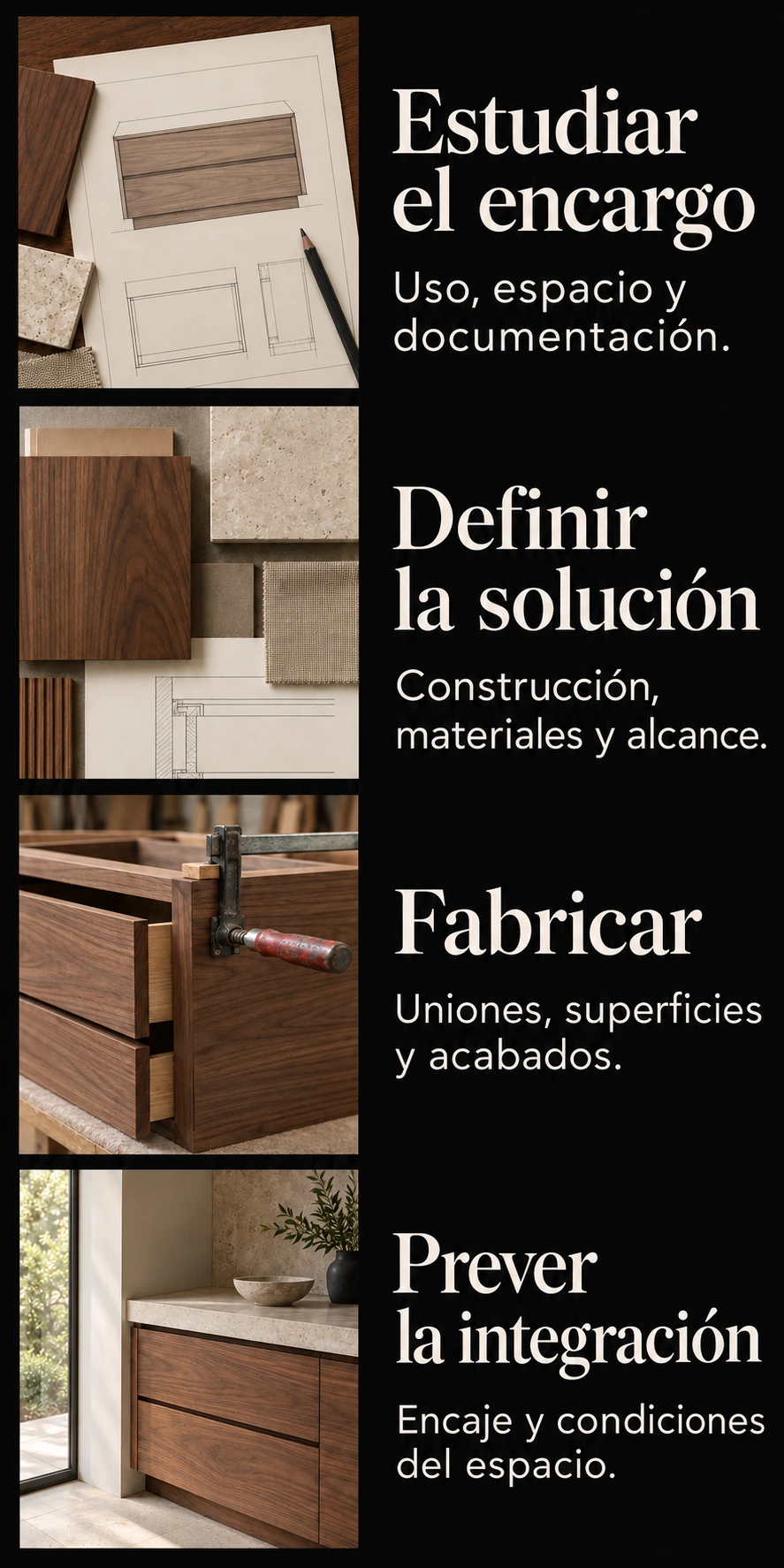 Representación conceptual del proceso de ebanistería: estudio, definición, fabricación e integración.