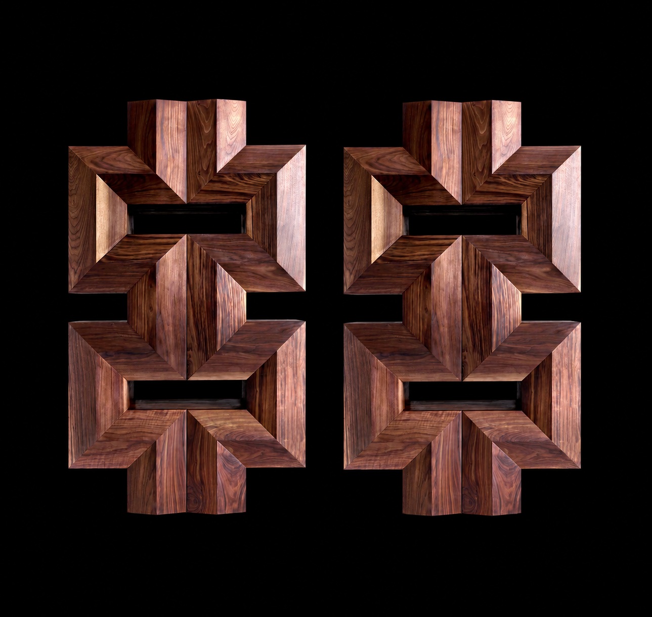 Dos muebles Atlantis de madera con volúmenes escalonados y huecos horizontales